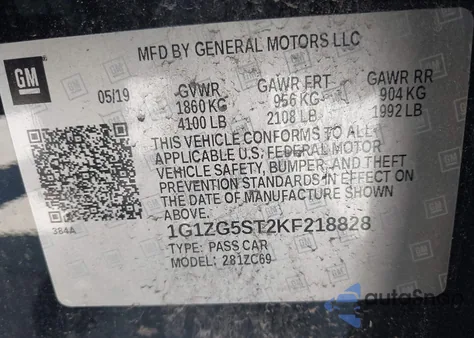 2019 Chevrolet Malibu Rs из США, поврежденный, VIN 1G1ZG5ST2KF218828